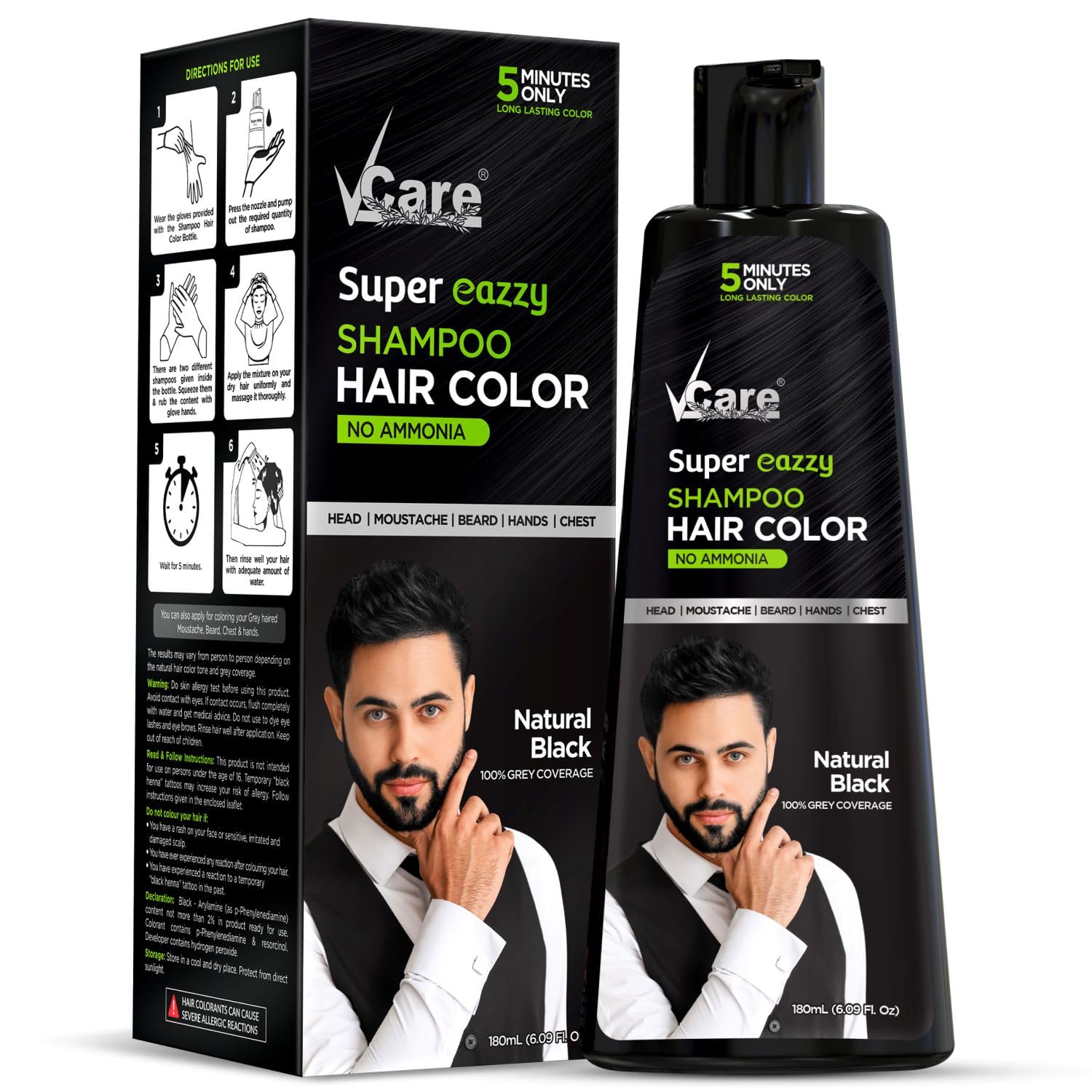 Super Eazzy Hair Colour Shampoo for Women and Men 180ml | Only 5 Minute Root Hair Dye Coloring Kit No Parabens, Ammonia And Sulfates (Natural Black)