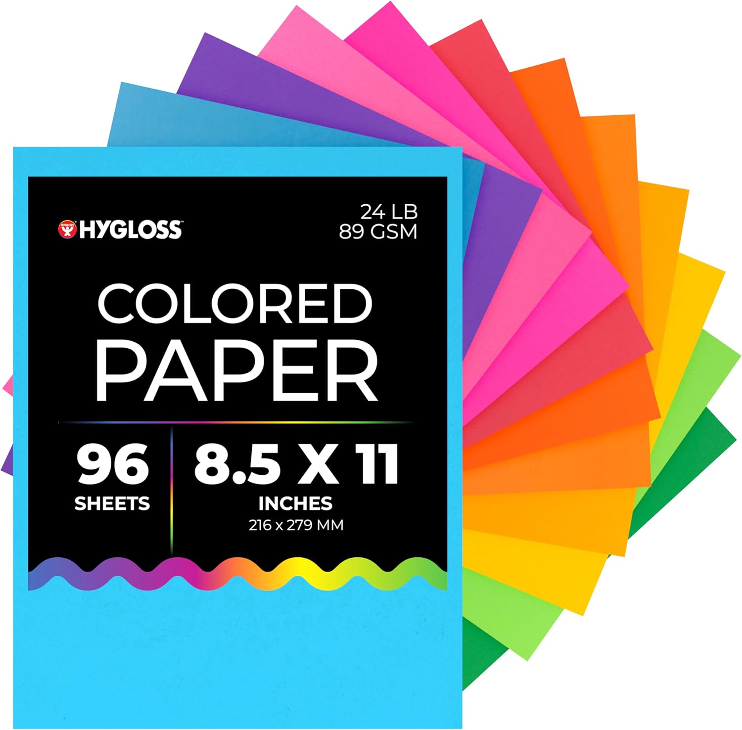 Hygloss Assorted Bright Colored Paper - 24 lb, 89 GSM, Acid-Free, Fade-Resistant, 8.5x11-Inch Letter Size Color Copy Paper, 96 Sheets, 12 Colors