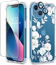 GVIEWIN Designed for iPhone 13 Case 6.1 Inch, with Tempered Glass Screen Protector + Camera Lens Protector Clear Flower Soft & Flexible Shockproof Floral Women Phone Cover (Hibiscus)