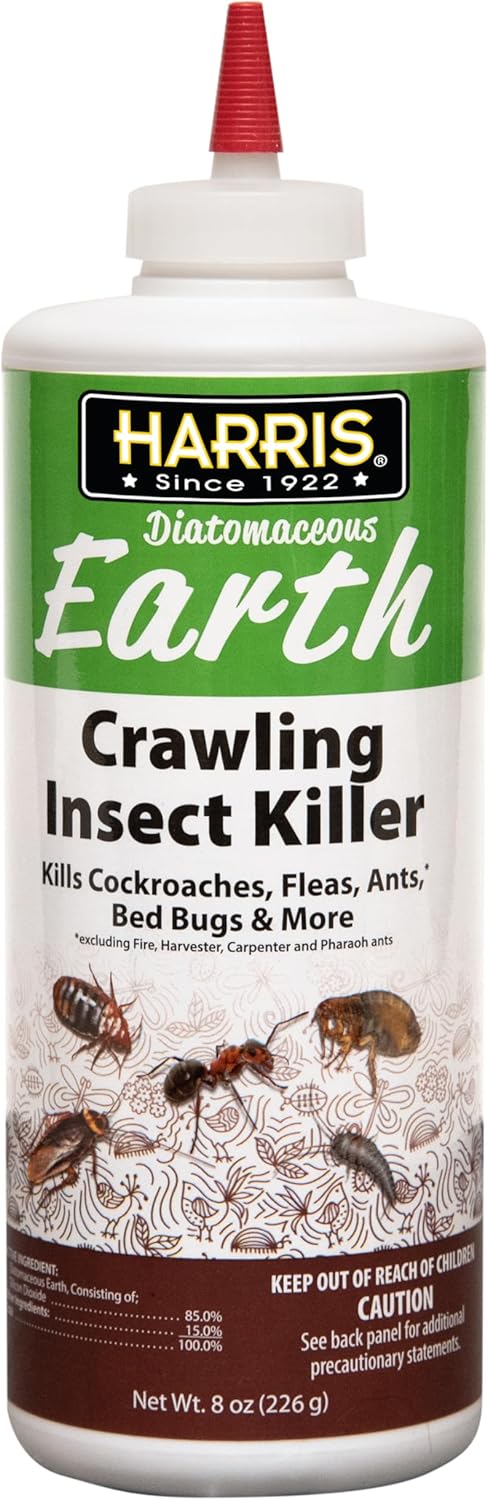 Harris 8 oz Diatomaceous Earth Crawling Insect Killer — 100% Natural Dust for Ants, Roaches, Bed Bugs, Fleas — Indoor & Outdoor Use