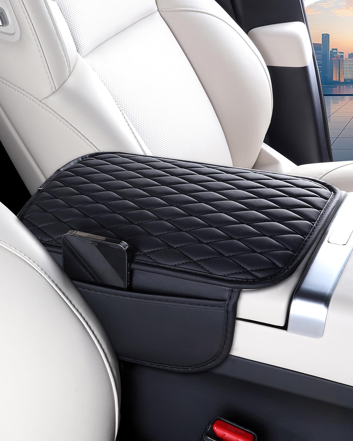 ESKONKE [Upgraded] Car Center Console Cover with 2 Storage Bags - Premium Nappa Leather Armrest Cover, Scratch & Wear Resistant, Waterproof Car Interior Accessories (Classic - Black)
