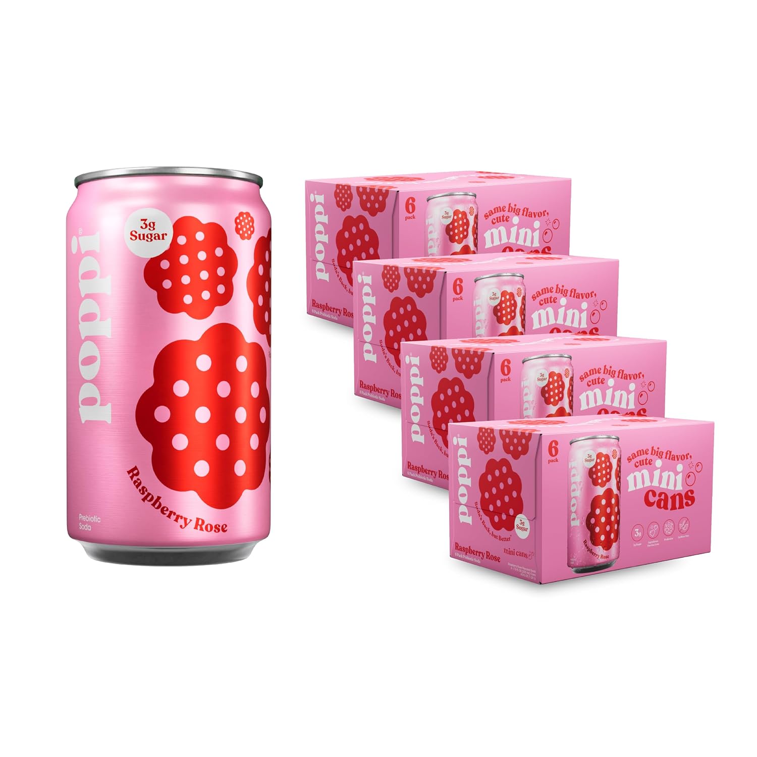 Poppi Prebiotic Soda, Raspberry Rose, 7.5 Fl Oz Mini Can, 24 Pack