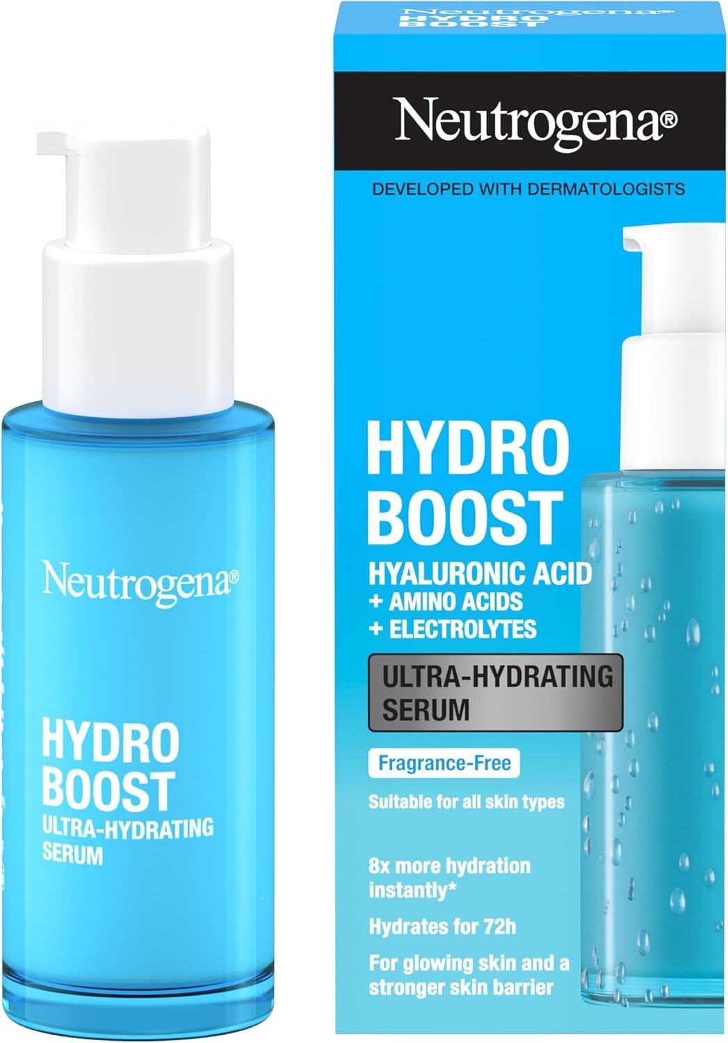 Neutrogena Hydro Boost Ultra-Hydrating Serum (1x 30ml), Fragrance-Free Face Serum, 8x More Hydration for up to 72H, Hydration Serum with Hyaluronic Acid, Amino Acids and Electrolytes for Dewy Skin