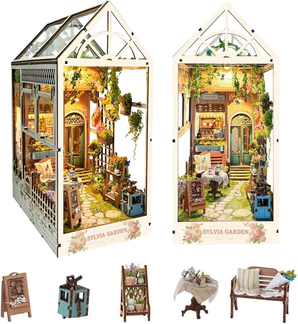 STRUCWOOD LED DIY Book Nook Kit - Book Nook Kit Garden House - Miniature Dollhouse Kit - 3D Puzzle Wooden Bookends Toy for Teenagers Gift Model Kits Room Decoration - SQ-22（Sylvia Garden）
