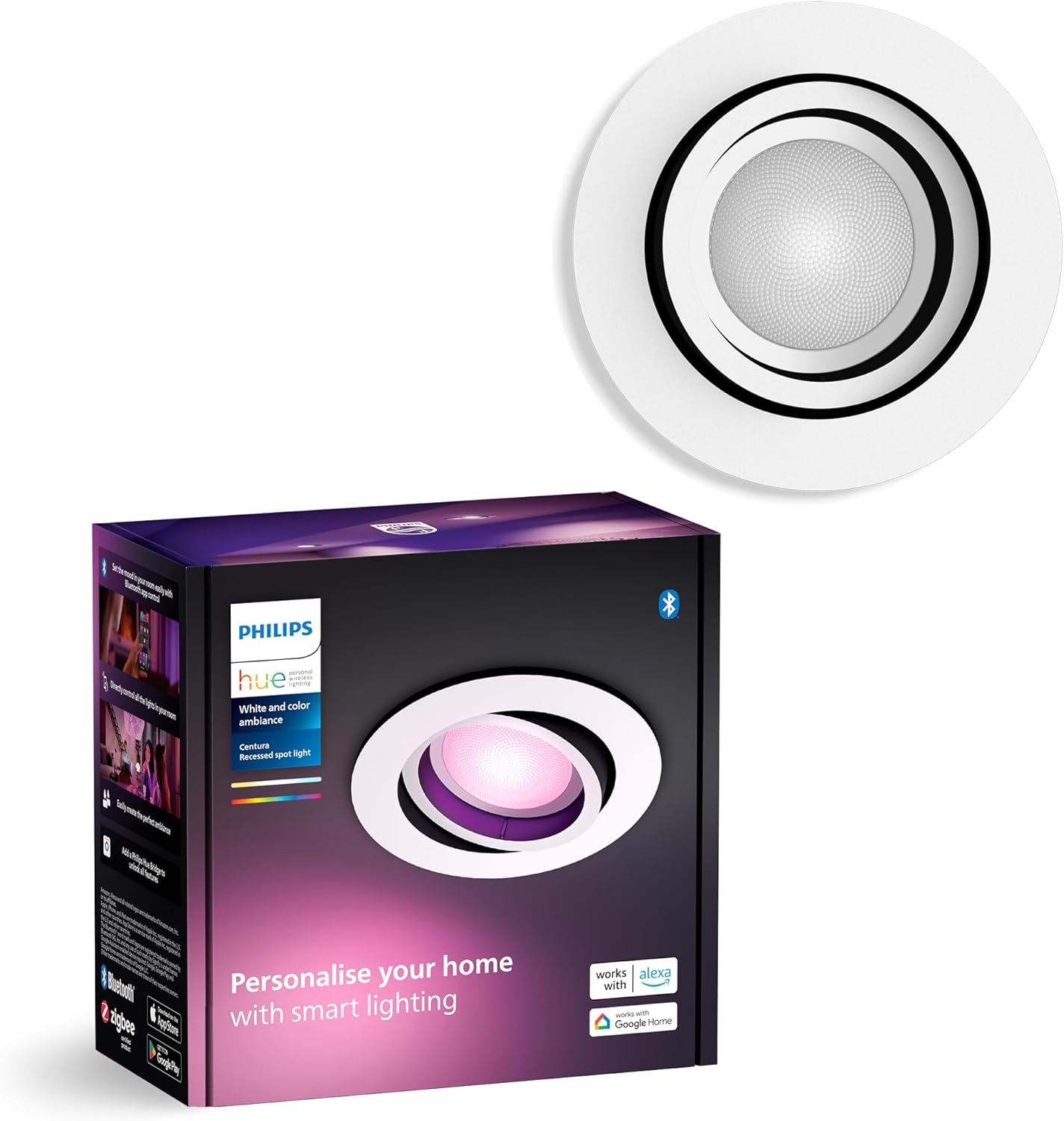 Philips Hue White & Color Ambiance Centura Round downlights 1 Pack, dimmable Ceiling Lights for Hue Lighting System with 16 Million Colours, Intelligent Light Control via Voice and app, White.