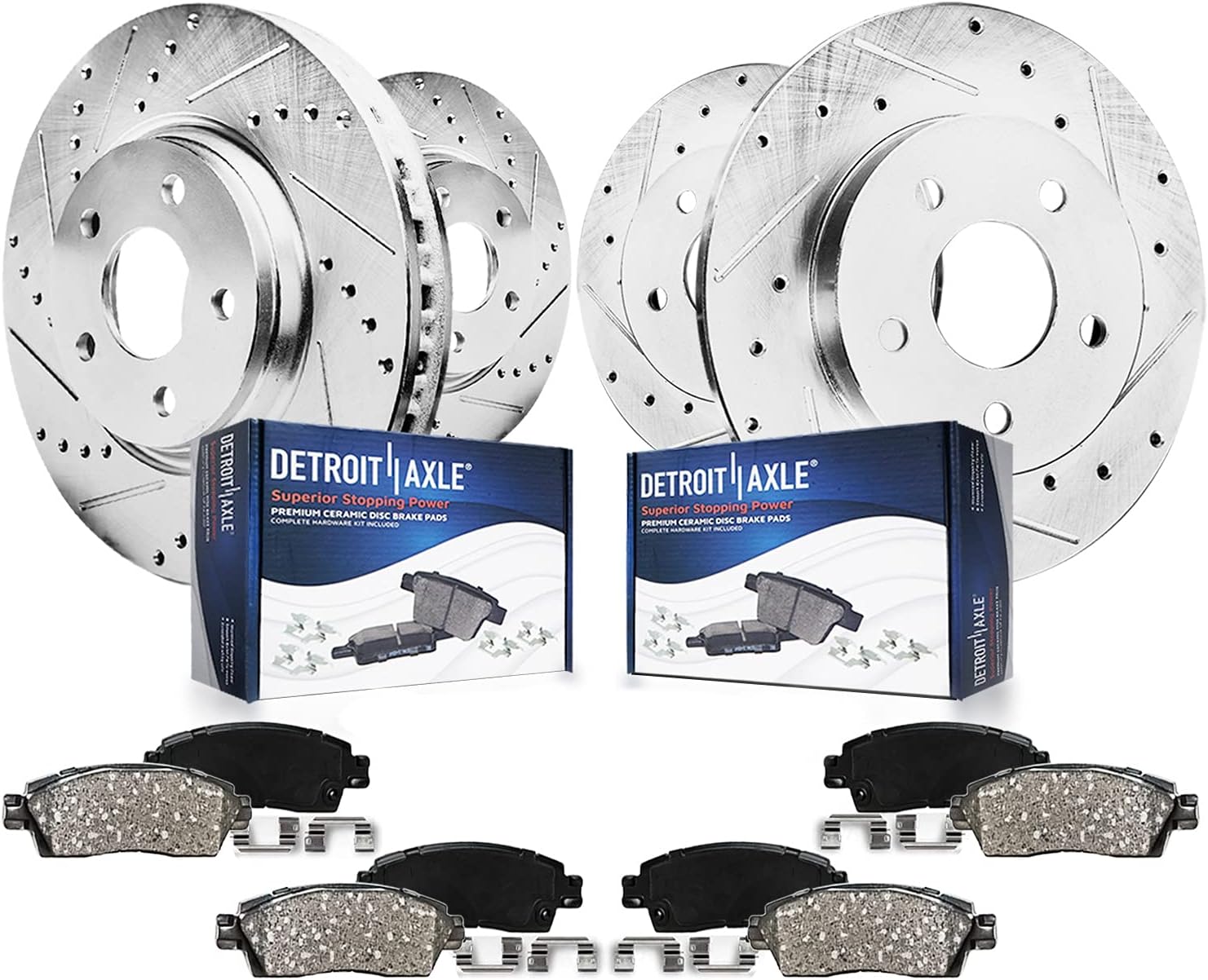 Detroit Axle - Front & Rear Drilled Brake Rotors + Ceramic Brake Pads Replacement for Toyota Camry Avalon Lexus ES350 ES300h - 8pc Set