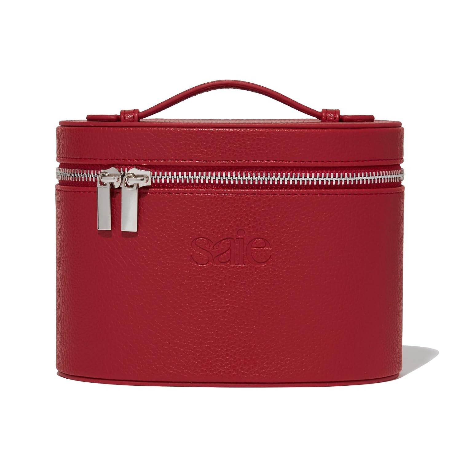 Saie Mini Vanity Case - Vegan Leather Makeup Bag + Travel Toiletry Bag With Removable Interior Organizer - Durable + Portable Makeup Pouch with Carrying Handle + Zipper Closure - Red