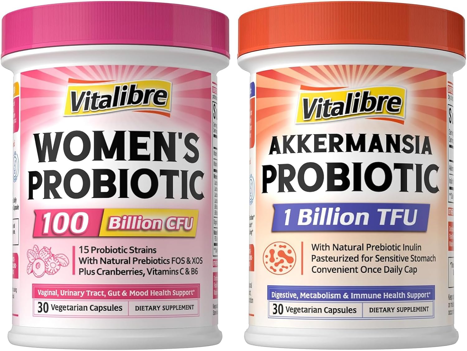 Probiotics for Women 100 Billion CFU 15 Strains, 30 Capsules & Akkermansia Muciniphila Probiotic 1 Billion TFU, 30 Capsules