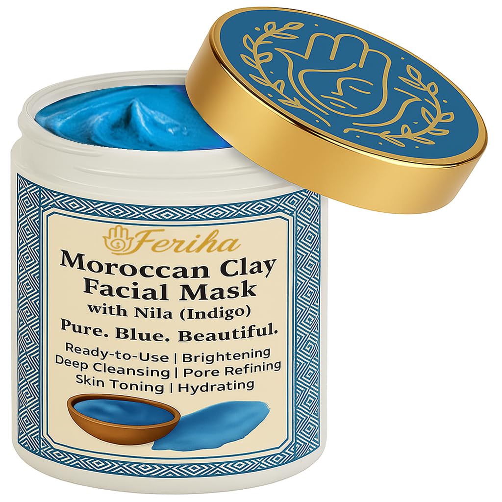 FERIHA Moroccan Nila Facial Mask – Brightening & Skin Smoothing Clay Mask with Indigo Powder & Glycerin – Ready-to-Use Blue Hammam Mask for Face – 100% Natural