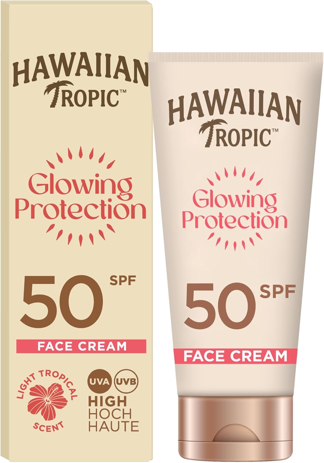 Hawaiian Tropic Glowing Protection Face Cream Lotion, Water Resistant SPF 50 UVA + UVB Protection Suncream, Tropical Scent Sun Lotion with Shea Butter, 50 ml Travel Size