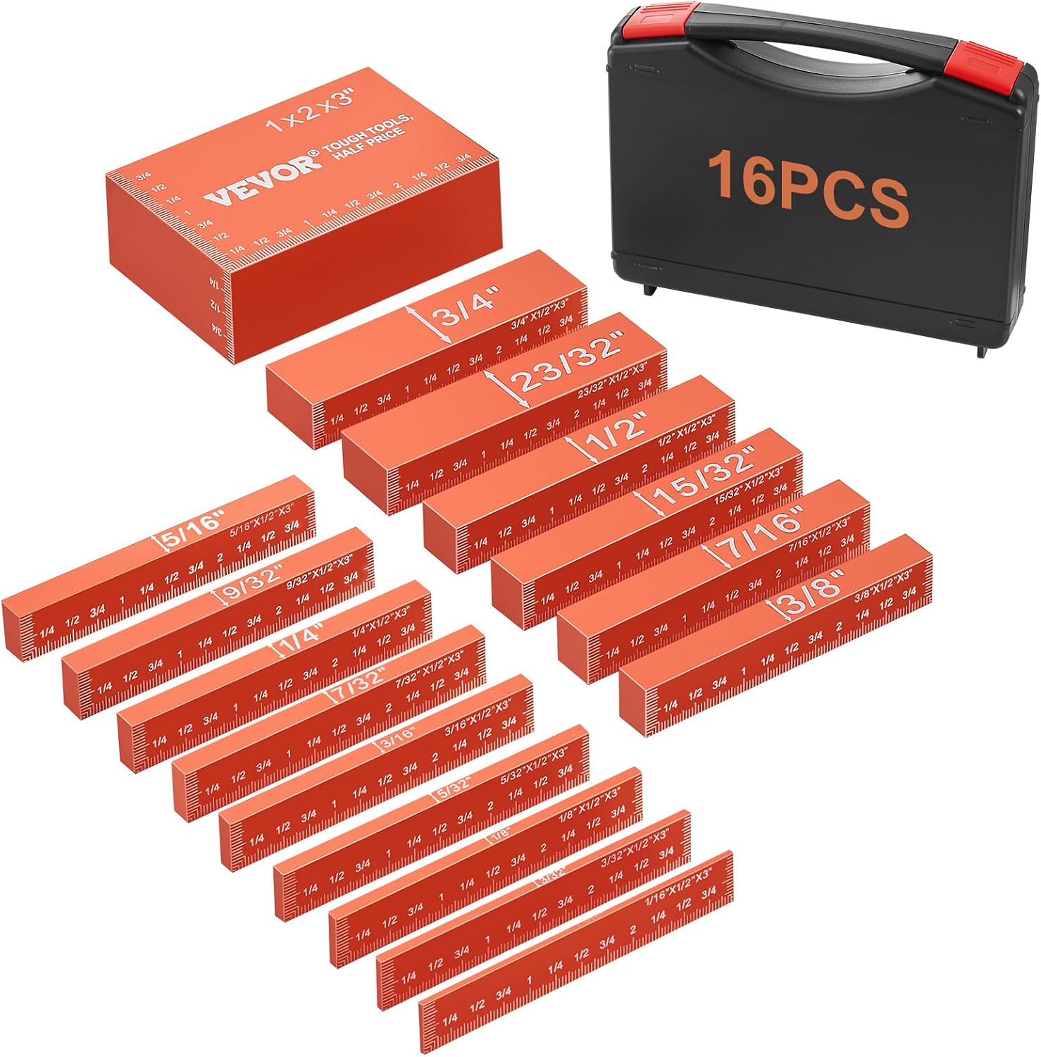 VEVOR Setup Blocks Woodworking Tools, 16-Piece, Precision Height Gauge Block Set, with Clearly Laser Engraved Size Markings and Storage Case, Aluminum Setup Bars for Router and Table Saw Accessories