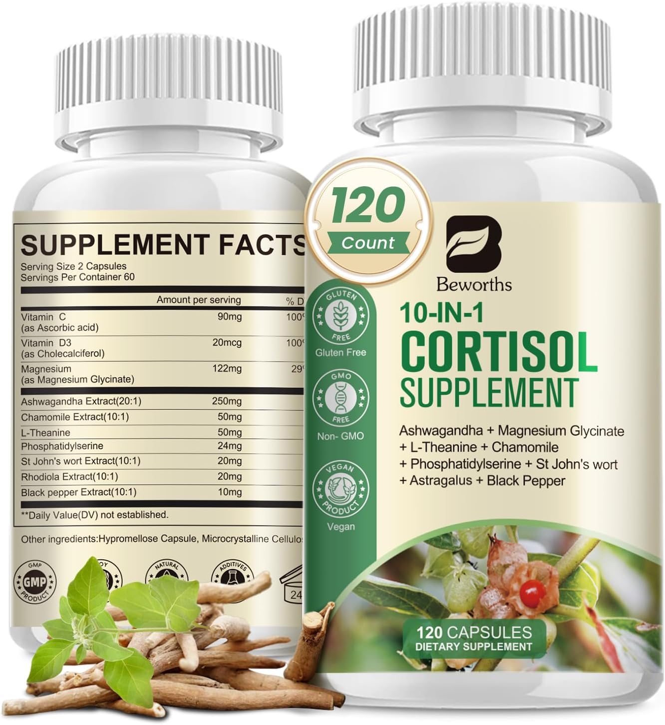 Cortisol Supplements for Women Men, 10-in-1 Cortisol Detox with Ashwagandha, Magnesium, L-Theanine, Balanced Cortisol Levels, Night & Calm Support, 120 Vegan Capsules