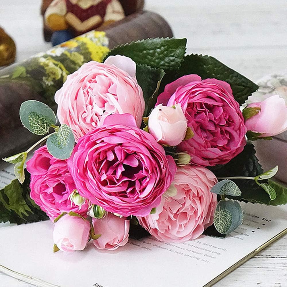DWE Artificial Peony Flowers, 5 Heads Silk Peony Plastic Fake Flowers Bridal Bouquet for Christmas Wedding Party Home Ddecoration (B Red Pink)
