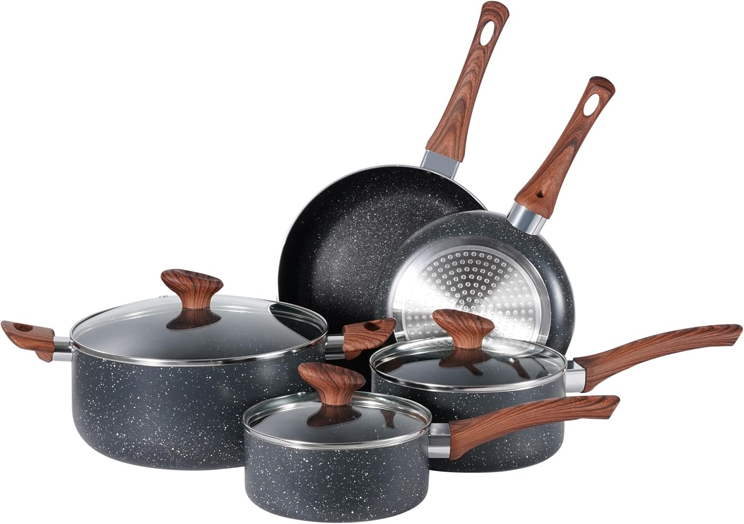 BARGAIN FACTORY Non-Stick Pots and Pans Set 8 Pieces, Cookware Set, Induction Compatible, Glass Lids, Wood-Look Handles, Cooking Marble Grey