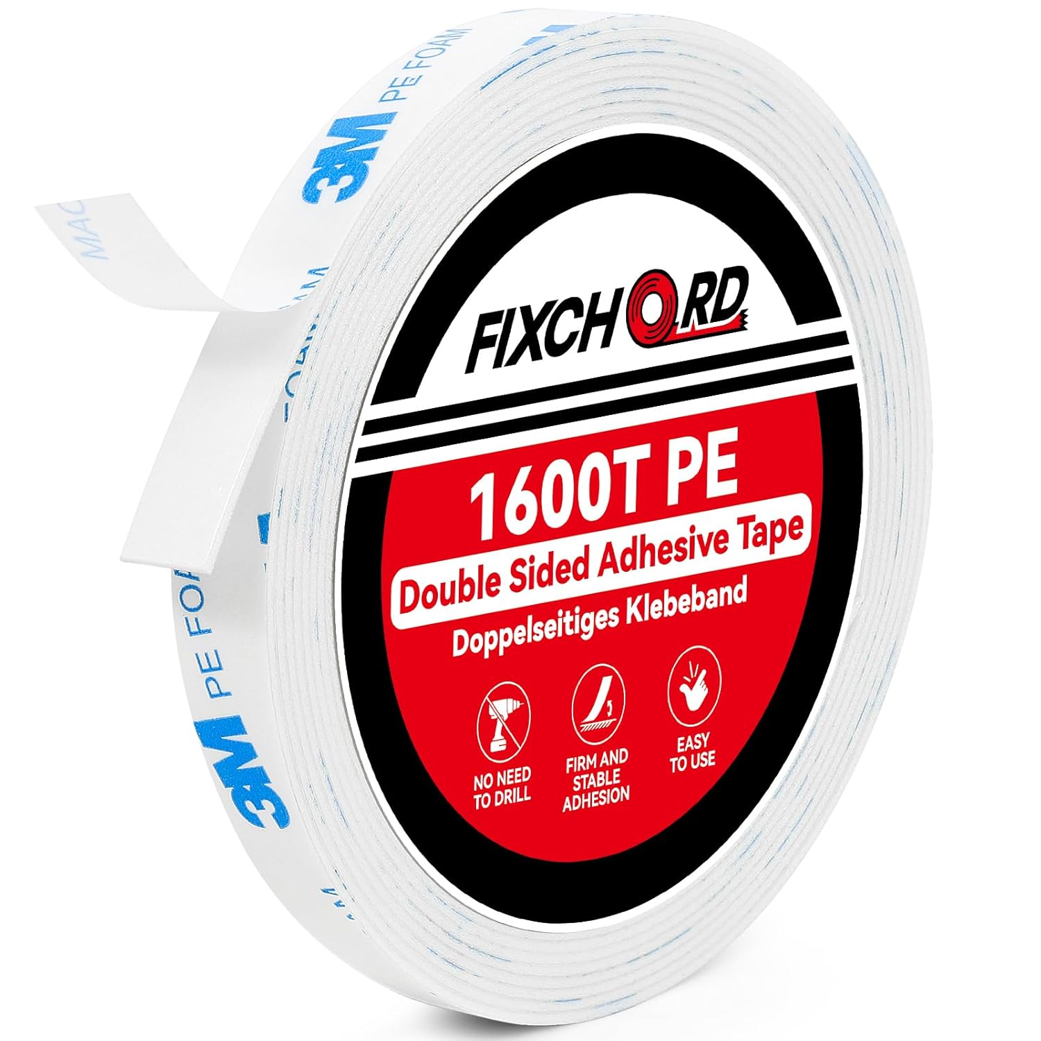 FIXCHORD 3M 1600T PE Double Sided Adhesive Tape, Heavy Duty Mounting Tape, Waterproof for Home, Office & School Decor 3m*10mm