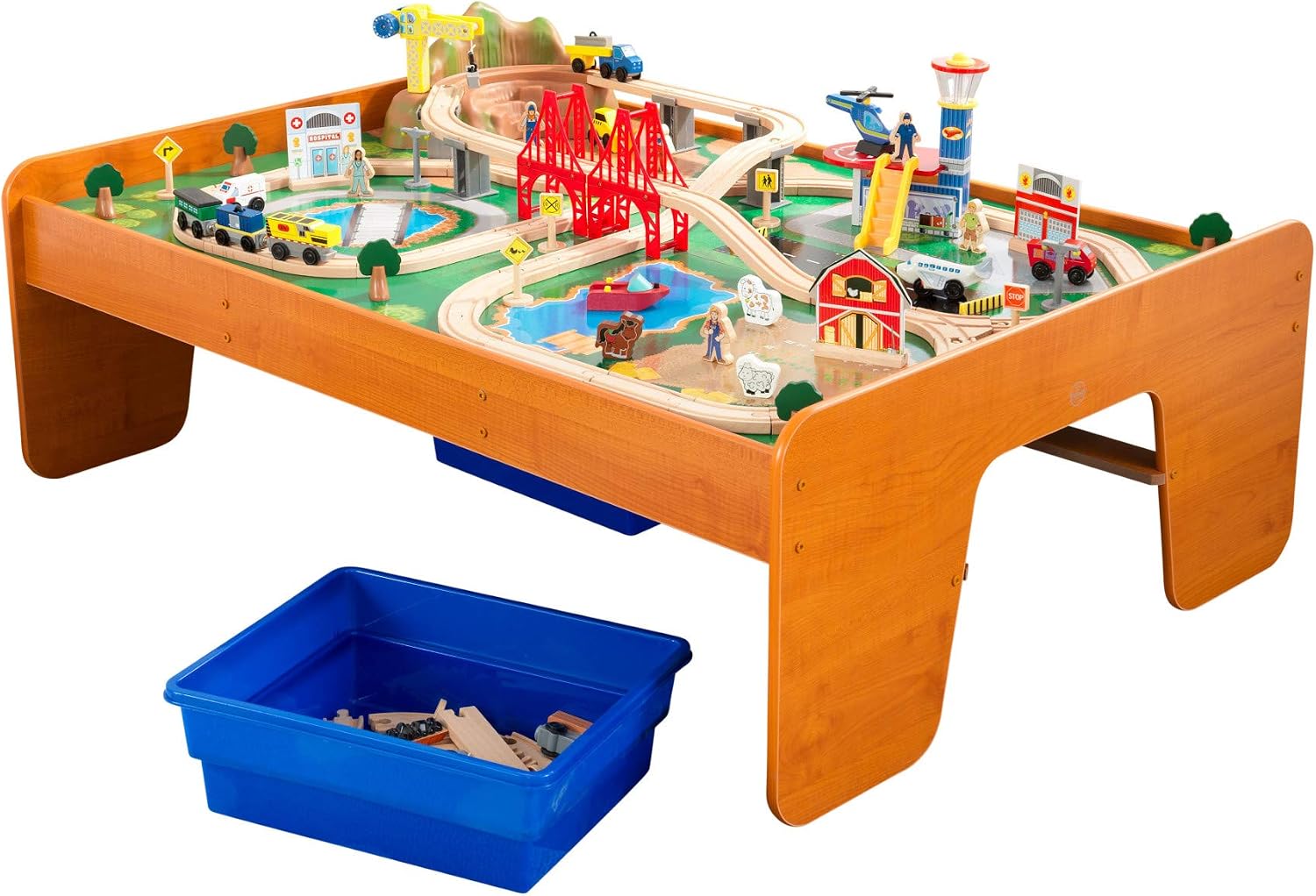 KidKraft Ride Around Town Wooden Train Set and Table with Helicopter, Airplane, Farm, Storage Bins and 100 Pieces, Compatible with Other Major Brand Trains, Honey