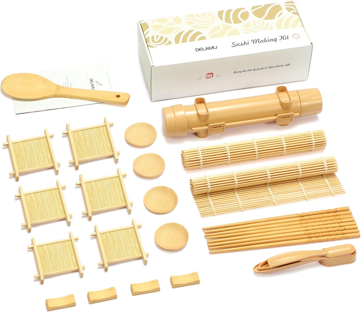 Delamu Sushi Making Kit,Complete 25 Piece Sushi Set for Beginners/Pros with Rice Bazooka,Sushi Mats,Sushi plate and Dipping Plate