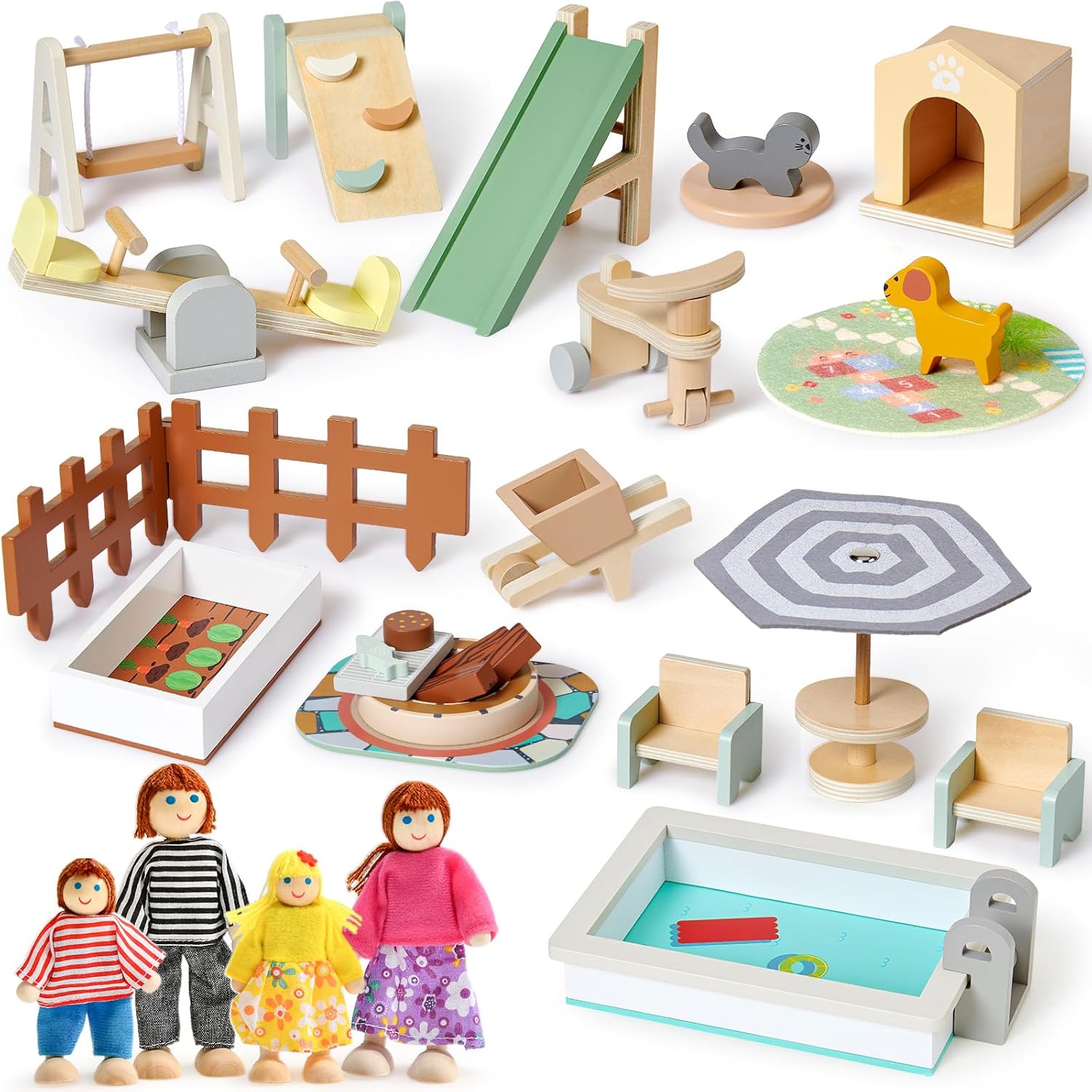 Lonico Wooden Dollhouse Furniture Set, Outdoor Miniature Doll House Accessories with Seesaw/ Swing/ Pool/ Doghouse/ Brick Grill/ Dolls , Pretend Play Toys Birthday Gift for Toddlers 3 4 5 6 Years Old