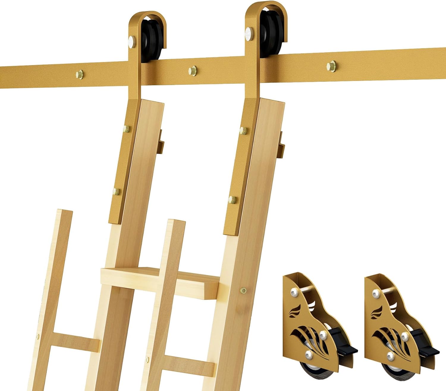 DIYHD 10FT Sliding Library Ladder Hardware Kit, Rolling Track System with Braking Floor Rollers, Gold Finish, Ladder Not Included