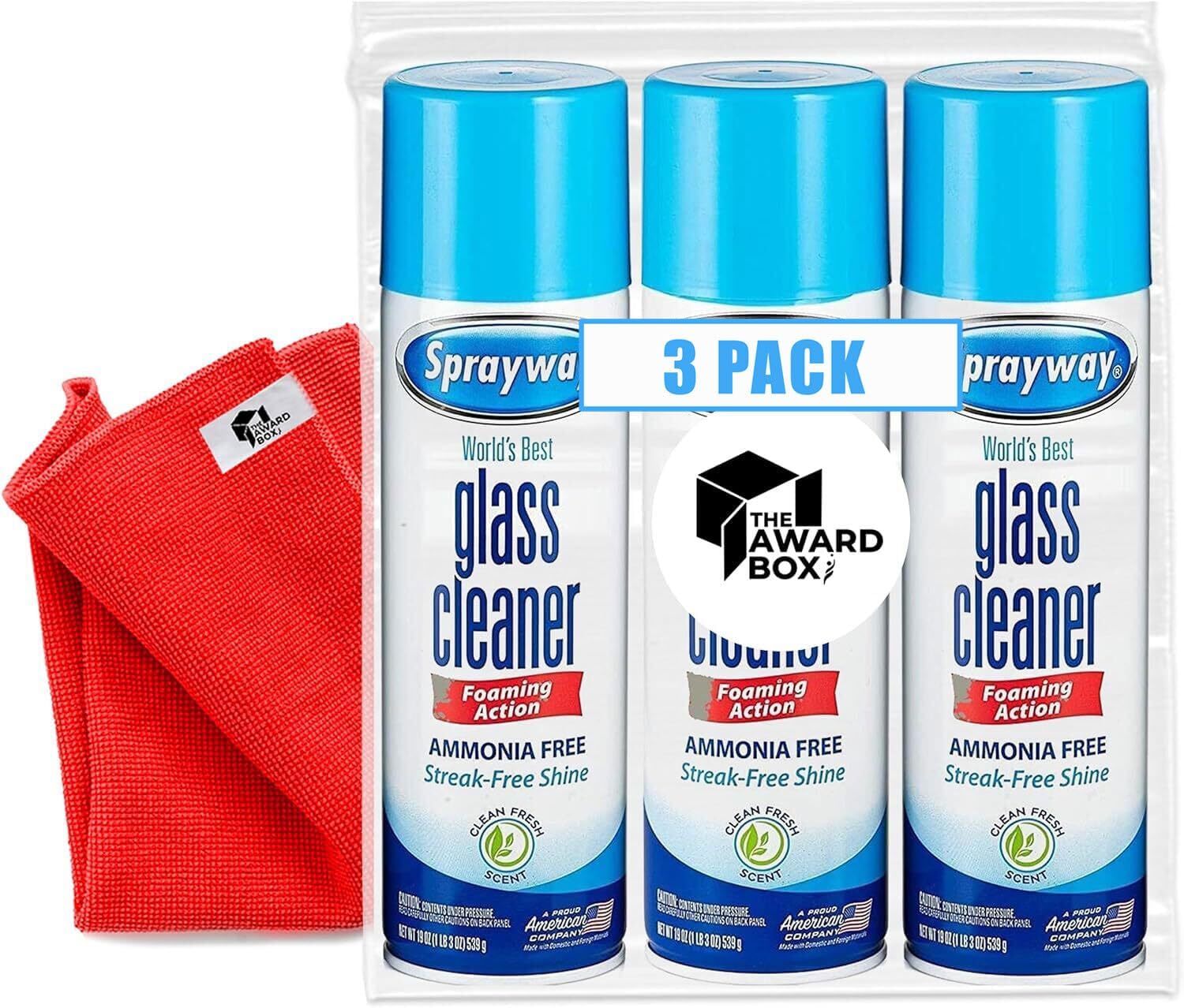 Glass Cleaner Foam Action Cleaner 19 oz. with Cleaning Cloth in The Award Box Packaging (3 Pack)