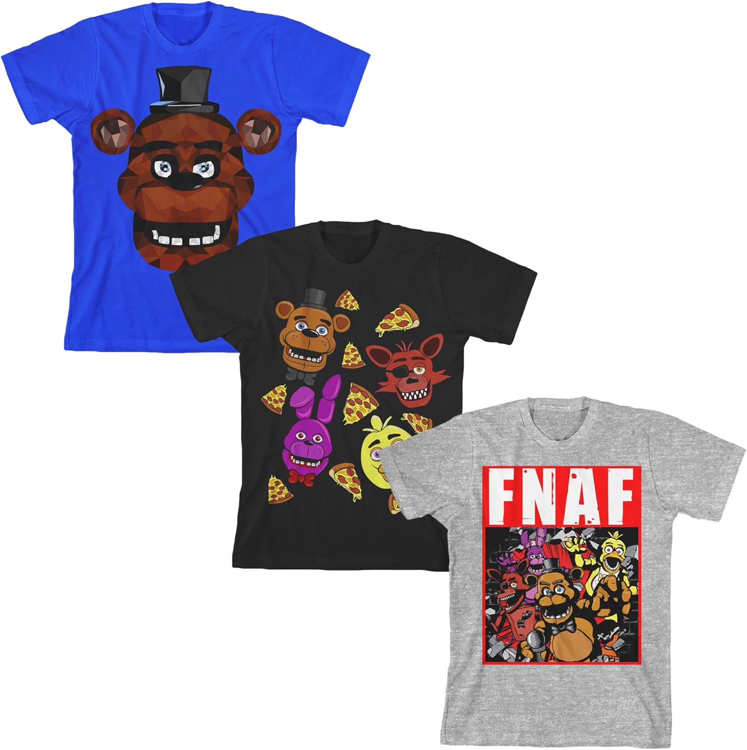 Five Nights at Freddy's Pizza Character Art Boy's 3-Pack Crew Neck Short Sleeve T-Shirt Set