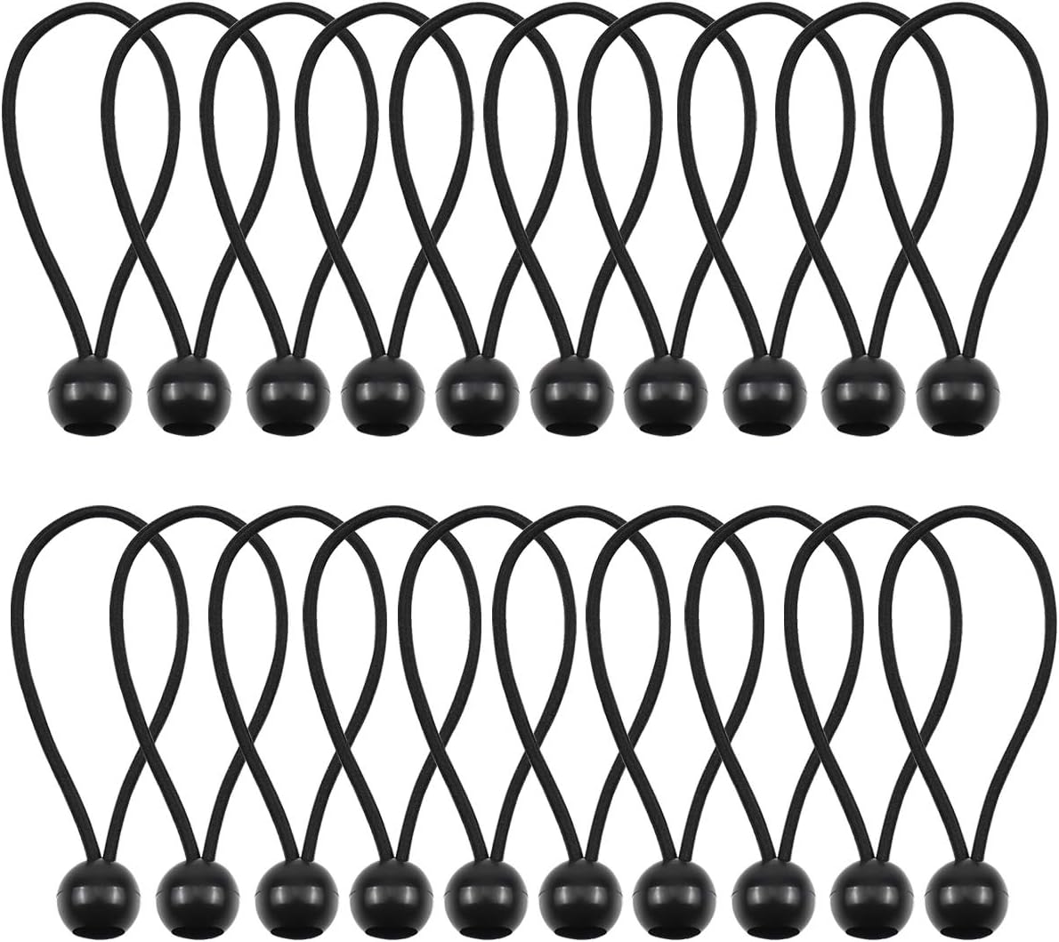 Fodlon Bungee Cords, Tarp Ties 20pcs Elastic String Cord Black Wrapping Rope Flexible Bungee Cords Ball Tarpaulin Cord Adjustable Bungee Straps for Tent, Camping, Household Items, Canopies, Flags