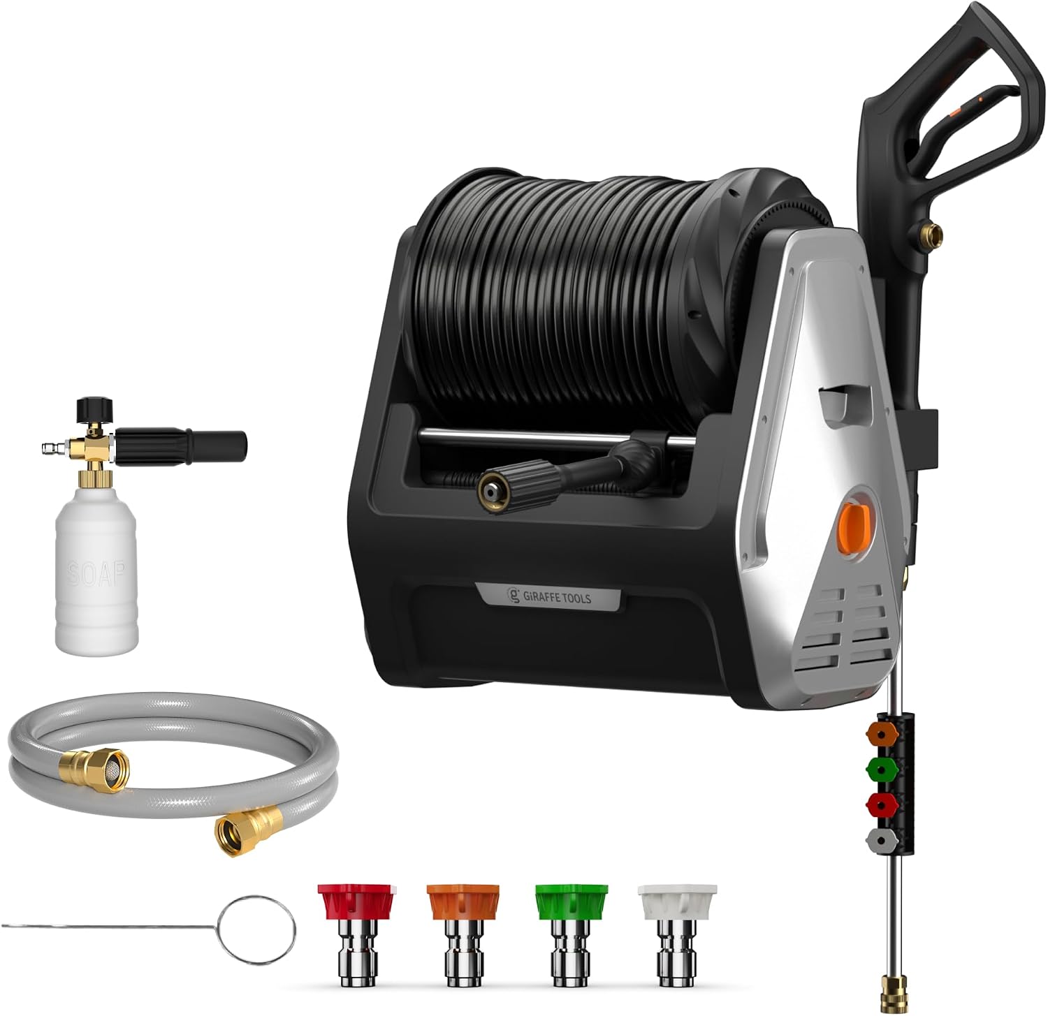 Giraffe Tools Wall Mounted Pressure Washer G30 with Upgraded 1800W Motor, Max 2900 PSI, 2.2 GPM Electric Power Washer with 100ft Retractable Black Pressure Hose, Automatic Rewind, Any Length Lock