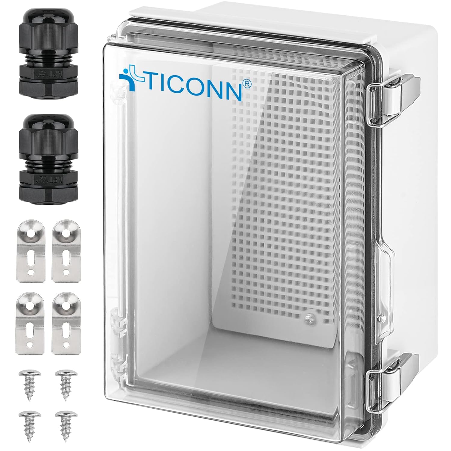 TICONN Waterproof Electrical Junction Box IP67 ABS Plastic Enclosure with Hinged Cover with Mounting Plate, Wall Brackets, Cable Glands (Clear, 8.7"x6.7"x4.3")