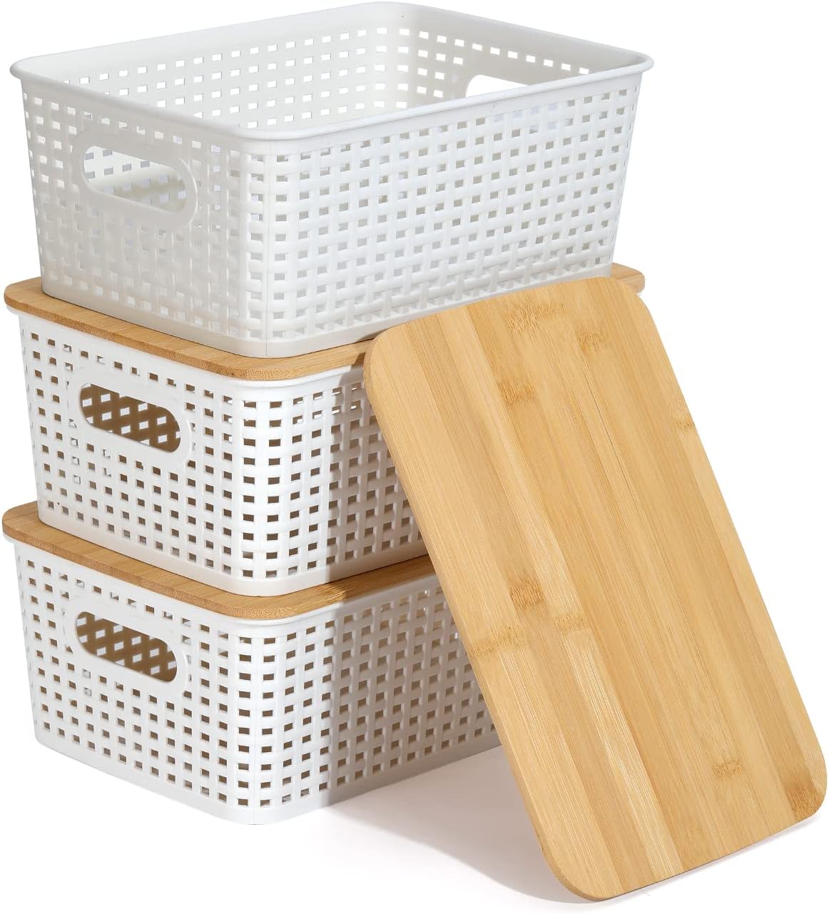Plastic Storage Bins With Bamboo Lid Pantry Organization and Storage Baskets Containers Lidded Organizer Bins Small Baskets for Shelves Drawers Desktop Closet Playroom Classroom Office, 3 Pack
