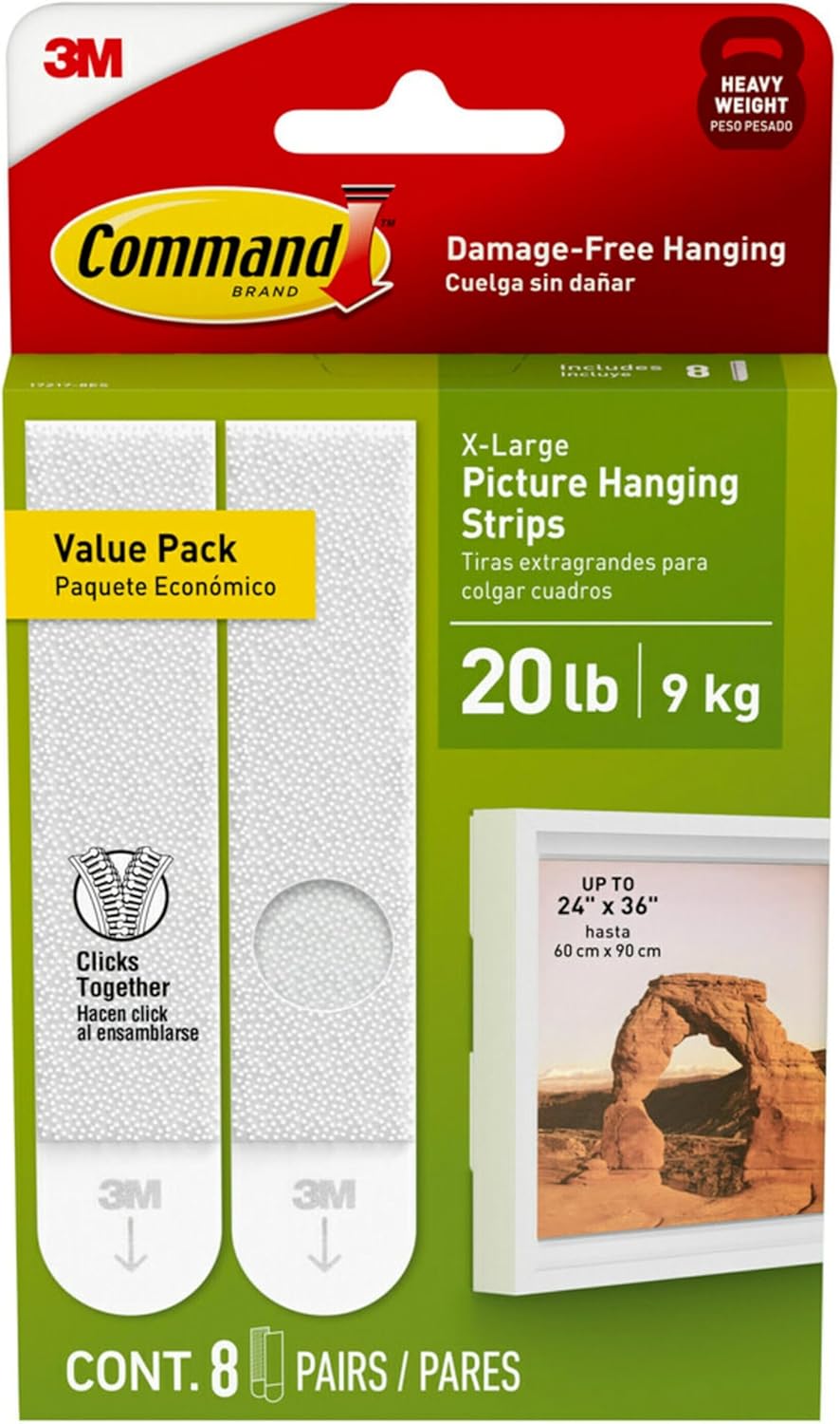 Command 20 Lb XL Heavyweight Picture Hanging Strips, Damage Free Hanging Picture Hangers, Heavy Duty Wall Hanging Strips for Living Spaces, 8 White Adhesive Strip Pairs