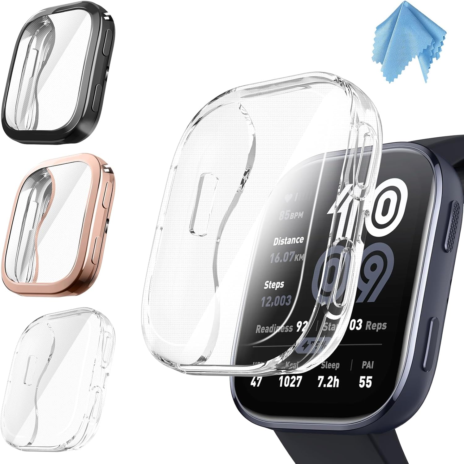Fintie 3 Packs Screen Protector Case Compatible with Amazfit Bip 6, Soft TPU Plated Bumper Full Protective Cover Cases Scratch-Proof, Black/Clear/Rose Gold