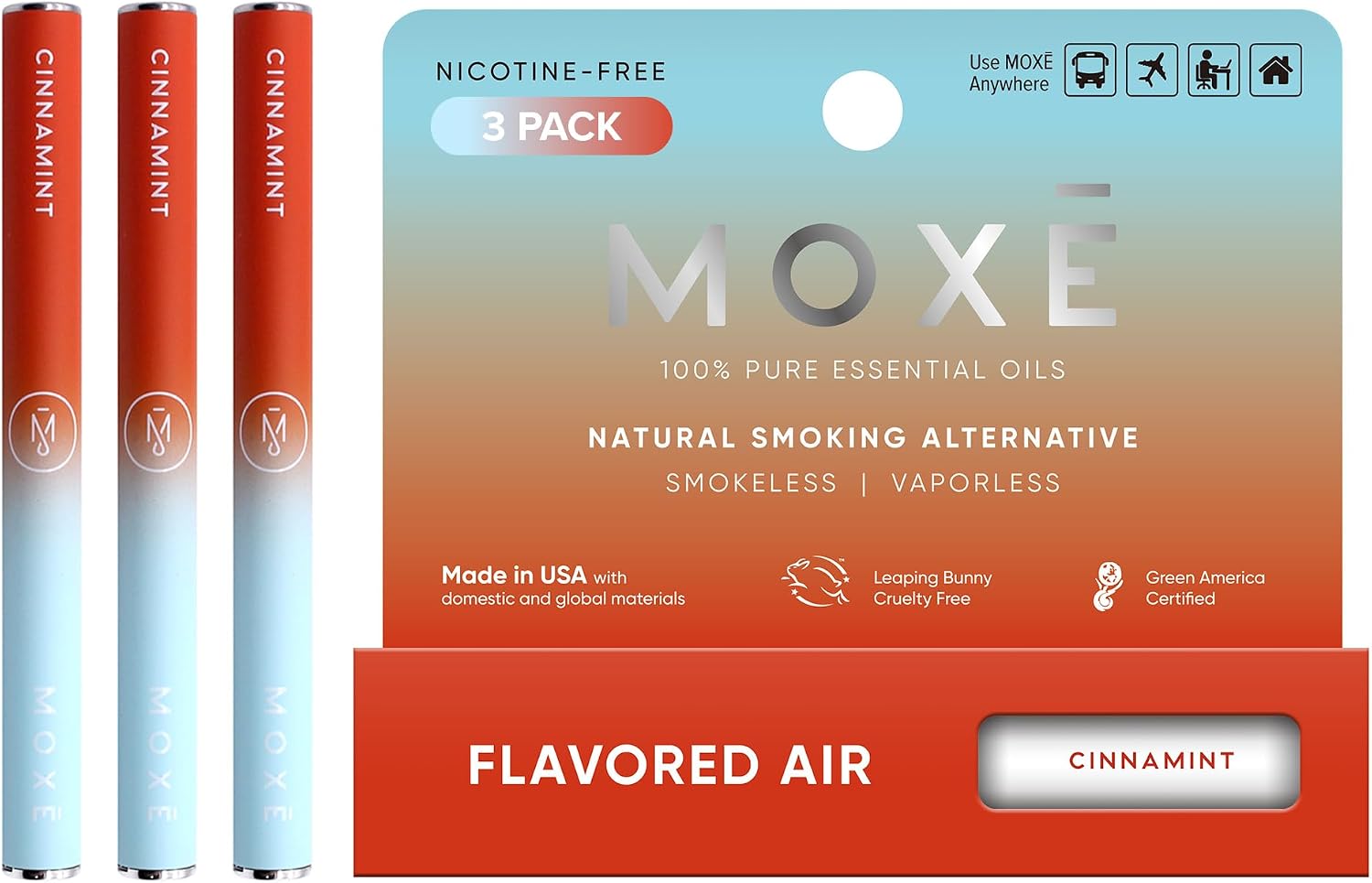 MOXE Natural Cinnamint Air Inhaler | Non Electric Long-Lasting Flavored Air Refreshing Support | Oral Fixation Cinnamon & Menthol Essential Oils, Craving Relief - 3 Pack