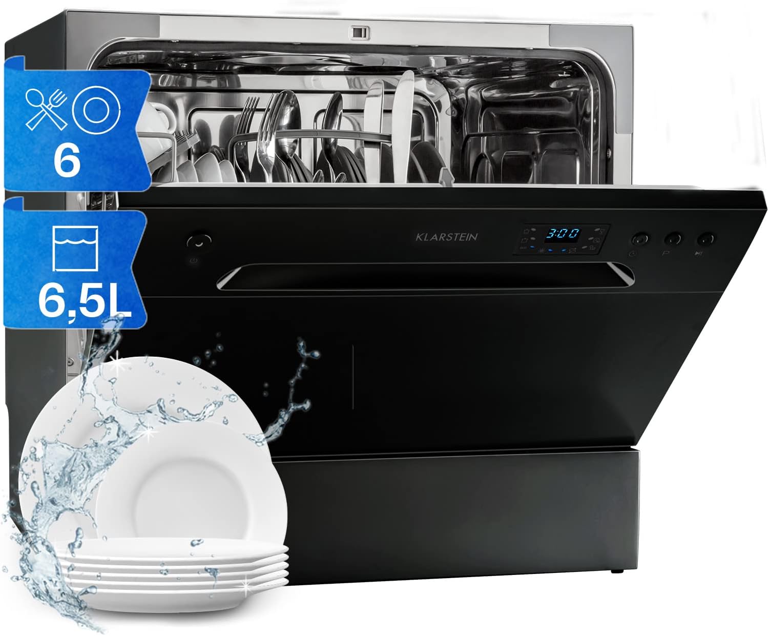 Klarstein Amazonia A+ Mini Dishwasher, 6 Modes (Mini, Black, Buttons, 6 Modes, 49Db, A)