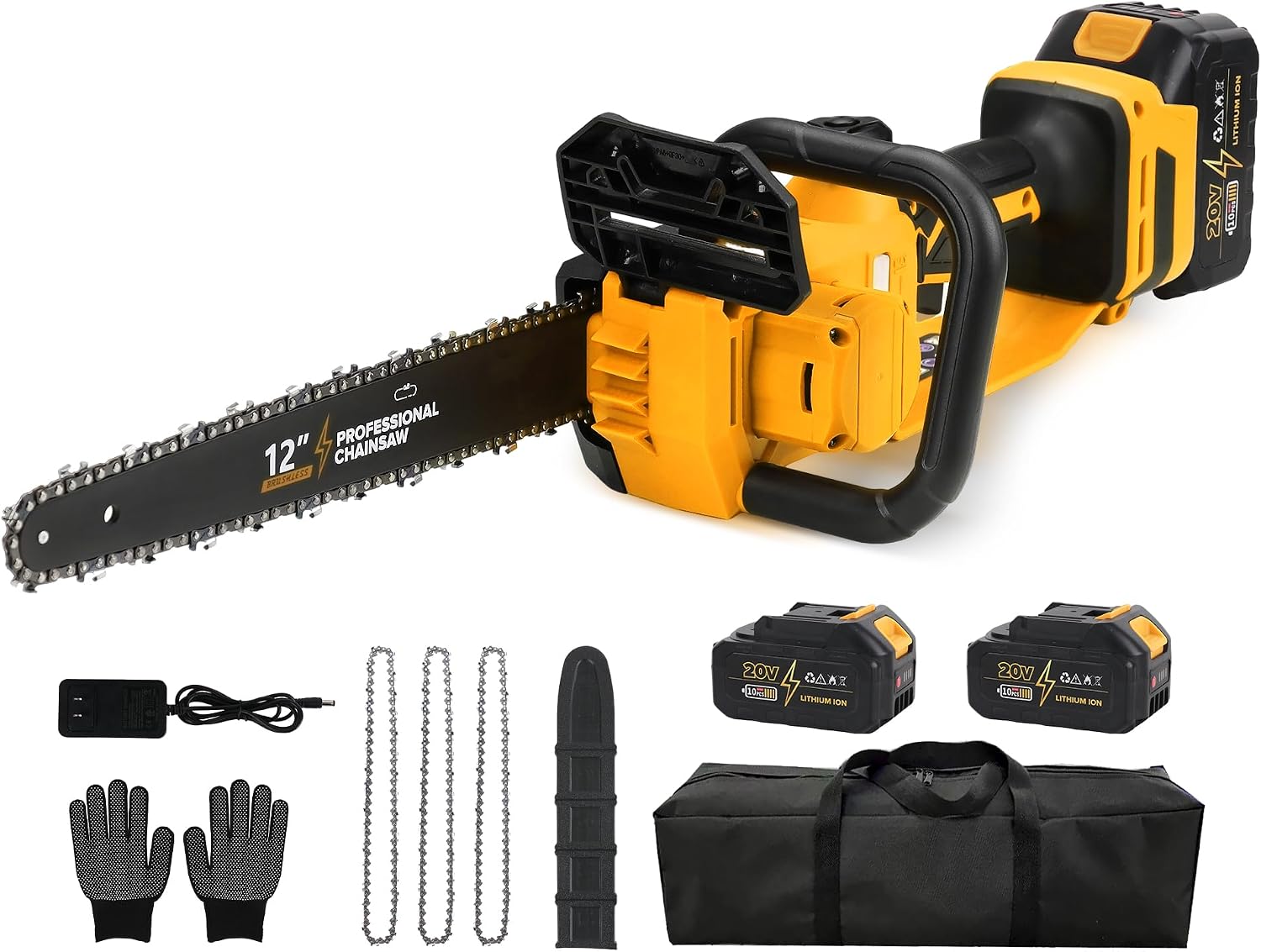 12" Electric Chainsaw Cordless, 20V Battery Powered Cordless Chain Saw, Chainsaw with 2 x 4.0Ah Lithium ion Battery and Charger for Wood Cutting, Tree Saw Trimming and Branch Pruning