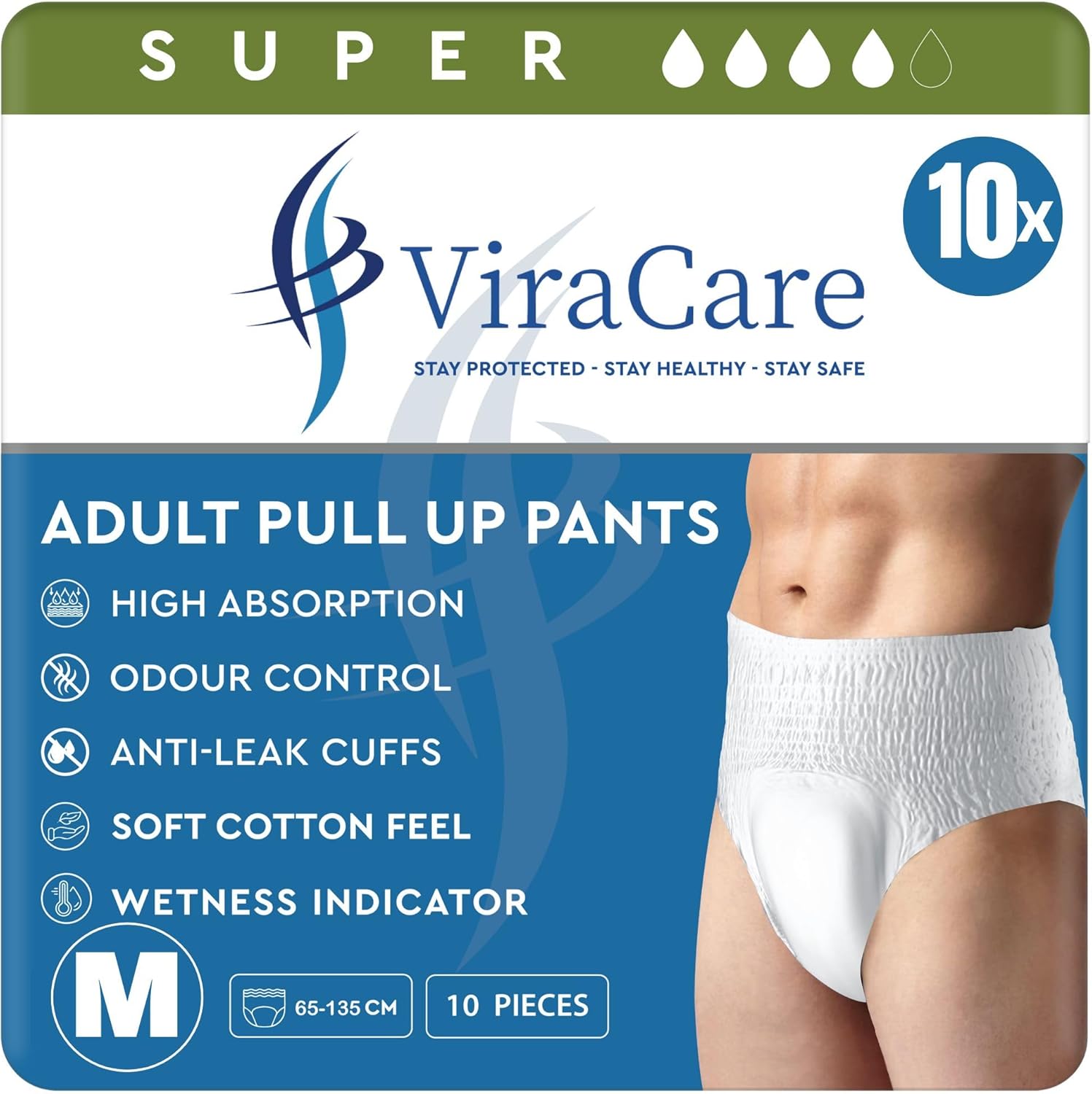 10 x Incontinence Pants Men & Women | with Wetness Indicator & Soft-Stretch Waistband | Disposable Adult Nappies | Waist Size Medium 65-135 cm | Adult Diapers | (1 Pack of 10)