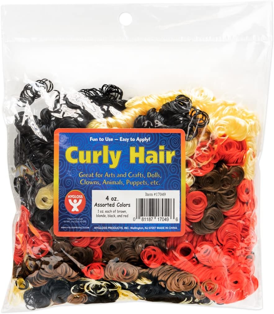 Hygloss 4 oz Curly Doll Hair For Crafts Assorted Colors- Premium Synthetic Hair for Doll Making, Puppets, and Arts & Crafts Projects – Easy Application, 4 Colors Available