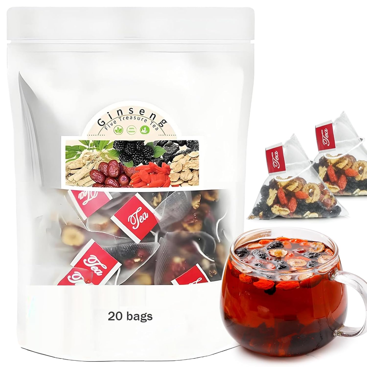 Ginseng Five Treasures Tea Kidney Tea - Kidney Cleanse Ginseng Six Treasures Teas, 6 Precious Ingredients Red Date Wolfberry Mulberry Natural Organic Detox Teabag for Women & Men (1 Bag(20 Teabag))