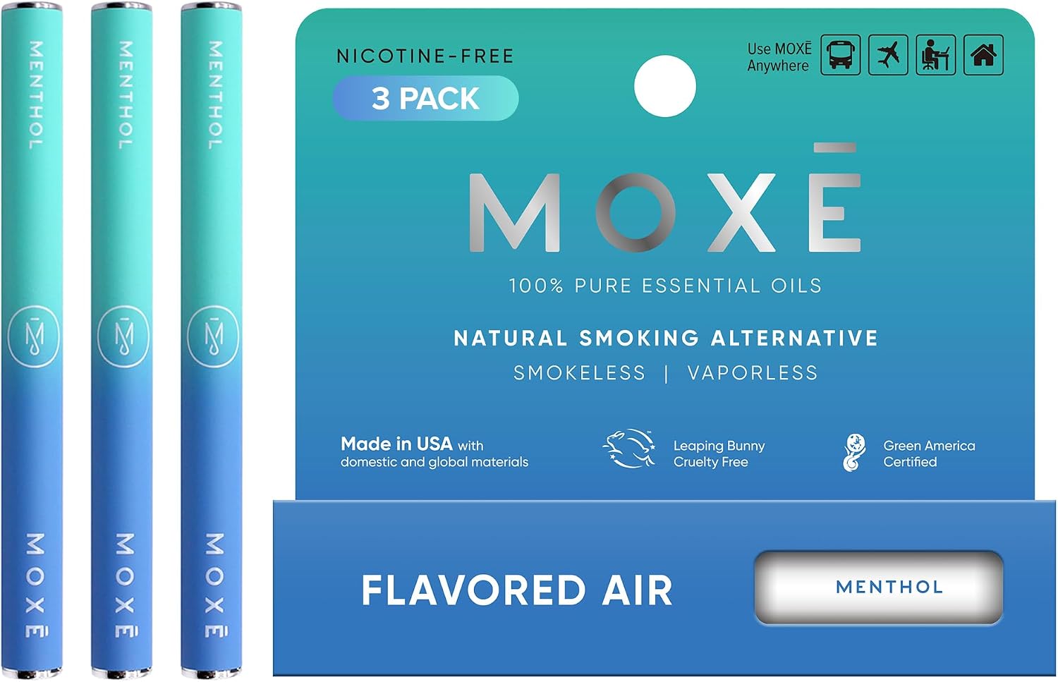 MOXE Natural Menthol Air Inhaler | Non Electric Long-Lasting Flavored Air Refreshing Support | Oral Fixation Menthol Essential Oils, Craving Relief - 3 Pack