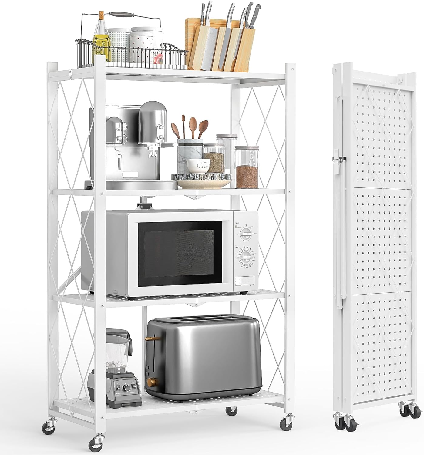 4 Tier Folding Storage Shelf with Wheels – Heavy Duty Metal Organizer Rack, No Assembly Utility Shelving Unit with Locking Casters for Garage, Kitchen, Pantry, Basement, Office(White-A, 4 Tier)