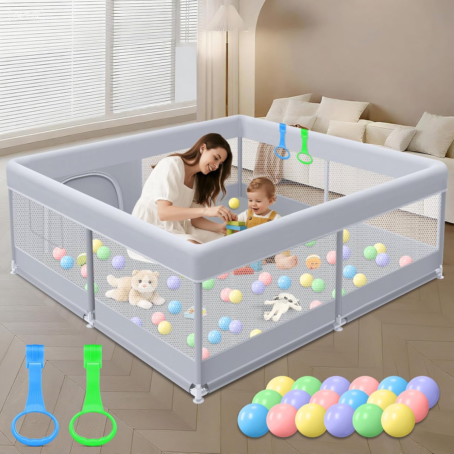 Baby Playpen 50 x 50 Inch Play Pen Playards, Playpen for Babies and Toddlers, Baby Playard for Indoor & Outdoor Active Center Game Fence, with Skin-Friendly Fabric and Soft Breathable Mesh Grey