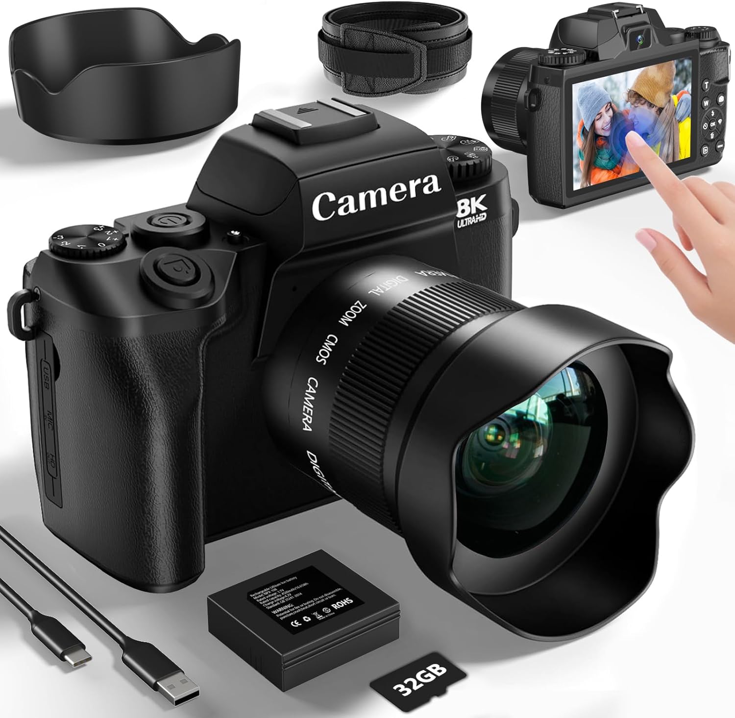 Digital Camera for Photography, 8K 64MP WiFi Dual-Lens Vlogging Camera for YouTube with 16X Digital Zoom, Flash,Touch Screen,32GB TF Card,Lens Hood,HDMI Output & 3000mAH Battery(Black)
