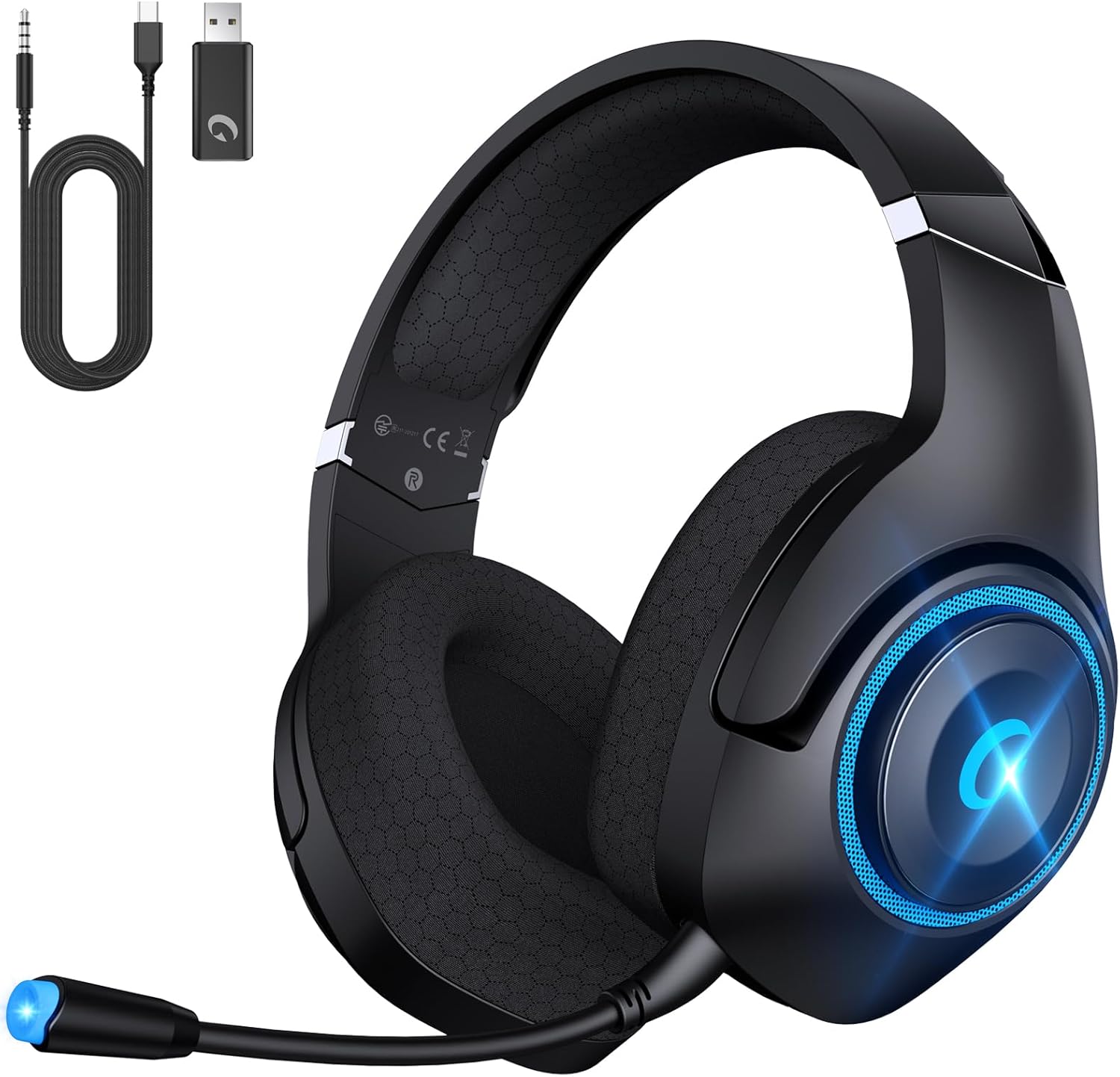 Wireless Gaming Headset for PS5/PC/MAC, 2.4GHz Gaming Headphones Bluetooth With Detachable Noise Cancelling Miccrophone, Wireless Headphones With 3D Surround, 3.5mm Wired Jack for Xbox One Series