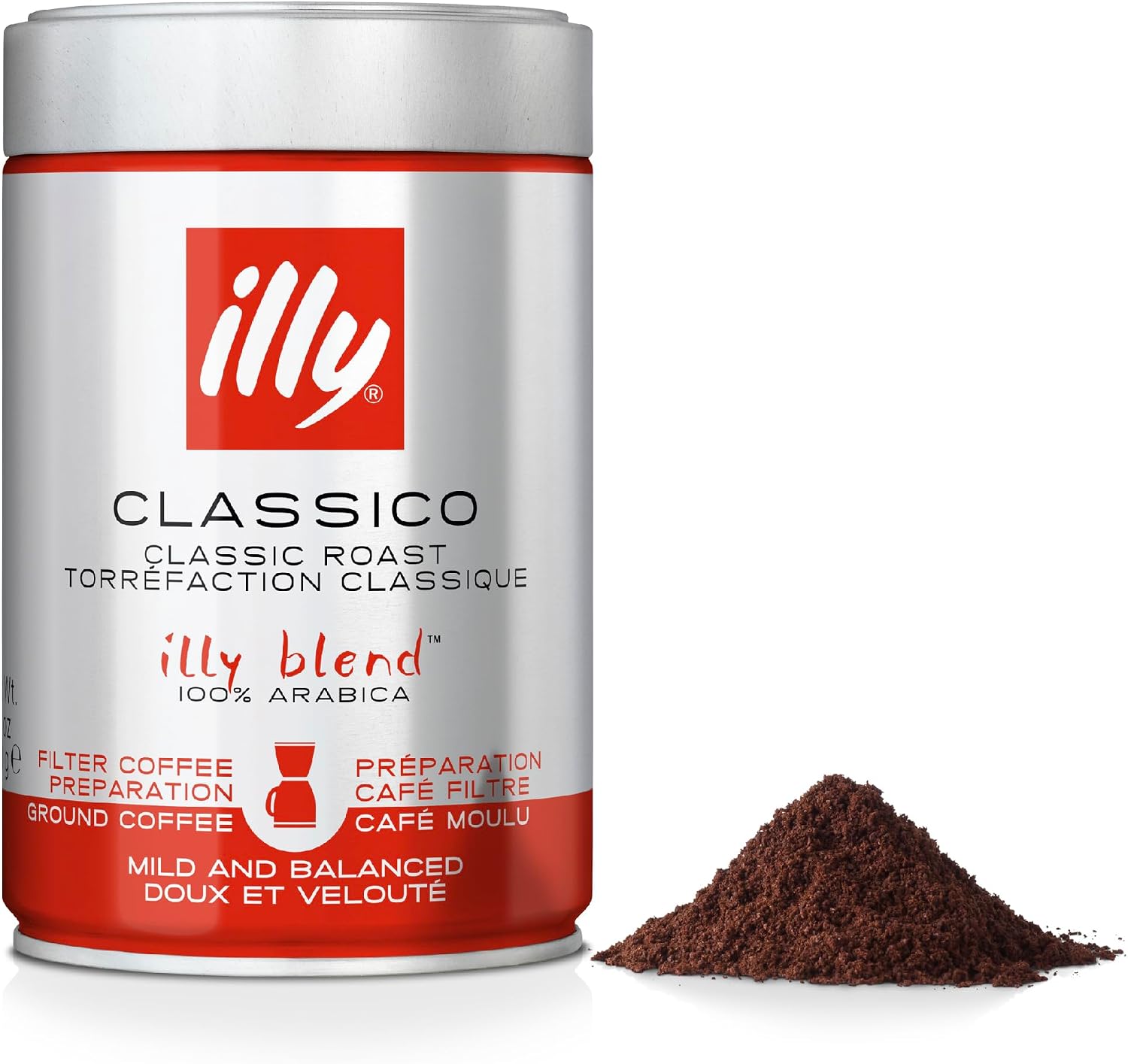illy Classico Ground Coffee, Medium Roast, 100% Arabica, Coarse Grind for Cafetiere & Filter Coffee, Suitable for Drip Coffee Makers, 250g Tin