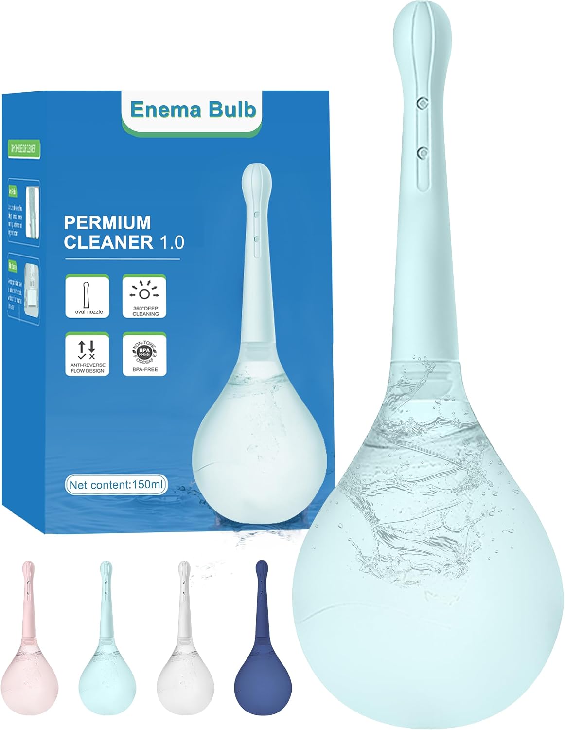 Enema Bulb douches for Men - Anti-Backflow Silicone Douche Bulb with 5 Metal Nozzle Holes,Home Enema Kit for Relief & Clean,Bulb Syringe for Men & Women（Blue）