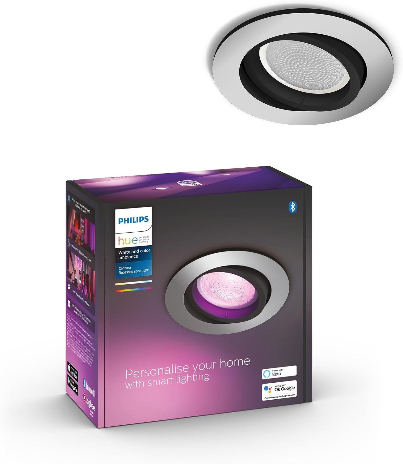 Philips Hue White & Color Ambiance Centura Round downlights 1 Pack, dimmable Ceiling Lights for Hue Lighting System with 16 Million Colours, Intelligent Light Control via Voice and app, Aluminium.