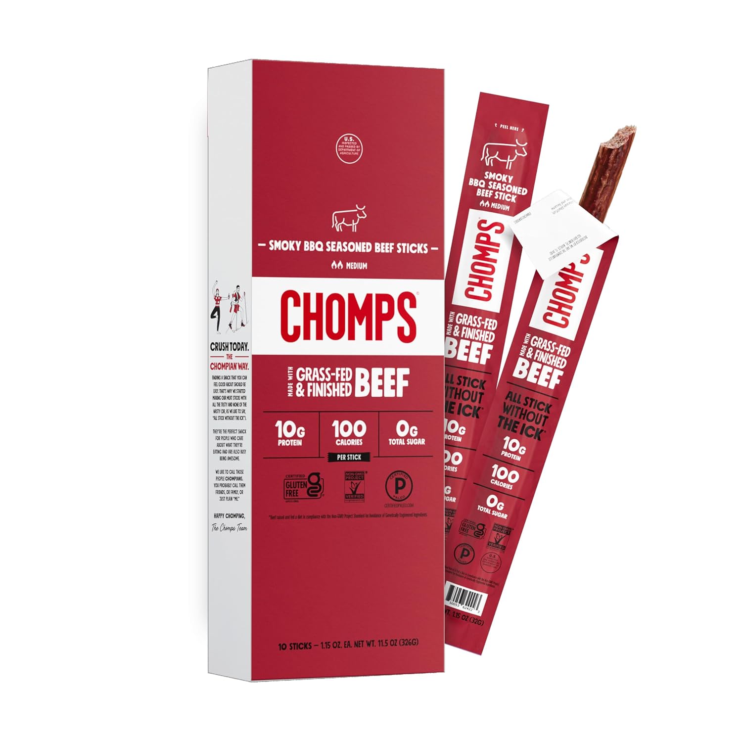 Chomps Smoky BBQ Beef, Grass-Fed & Finished, 10ct, Protein Snack Stick