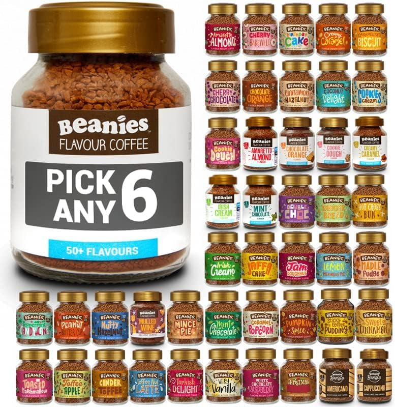 Beanies Flavoured Instant Coffee PICK ANY 6 Jars (50g) from 50+ Flavours Inc. Turkish Delight, Chocolate Orange, Chai Latte, Cookie Dough, Hazelnut, Caramel, Vanilla and More