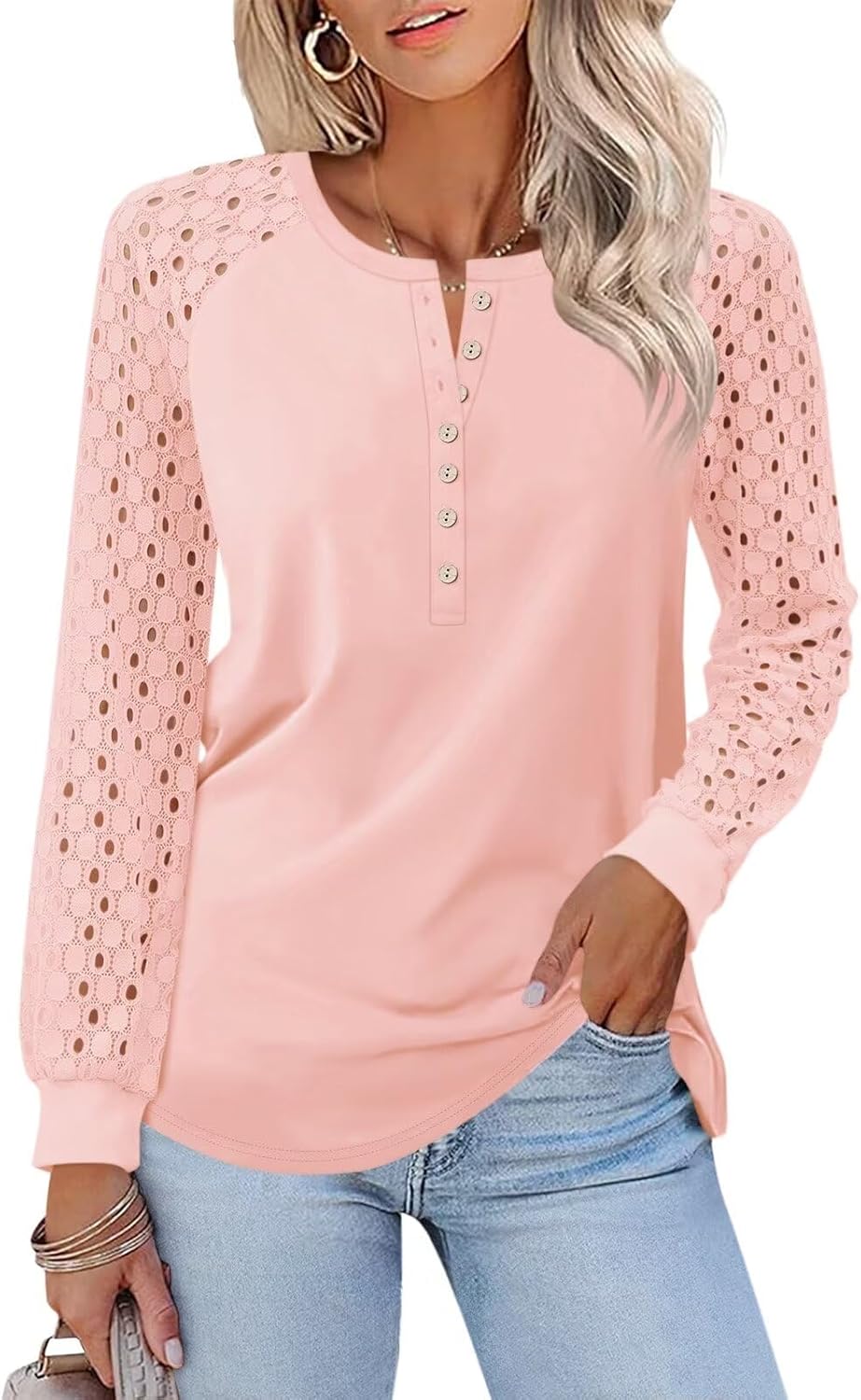 Minetom Women's Lace Long Sleeve Tops Henley Shirts Casual Blouses T Shirts Fall Clothes