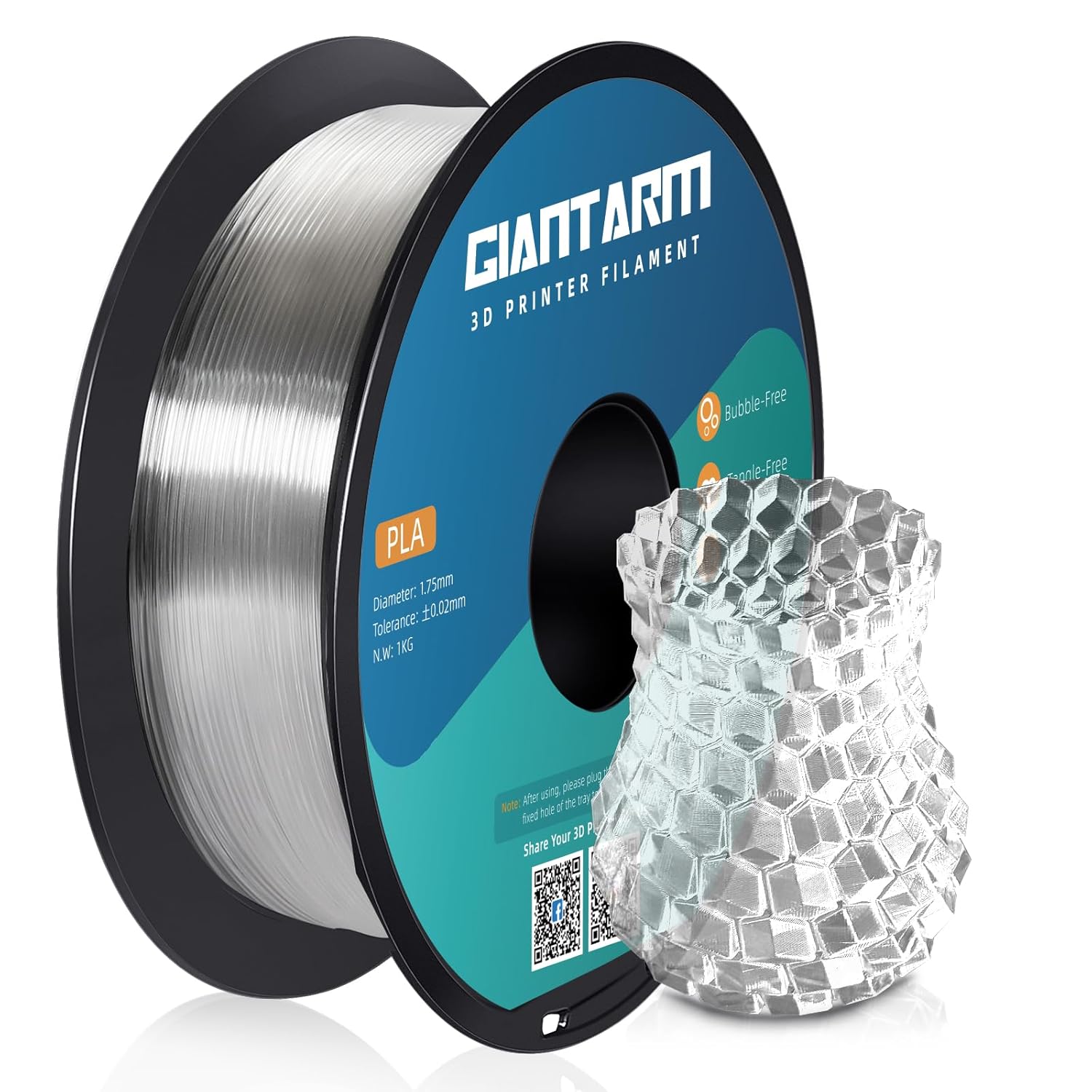 PLA Filament 1.75mm, GIANTARM Classic PLA 3D Printer Filament 1kg Spool (Transparent)…
