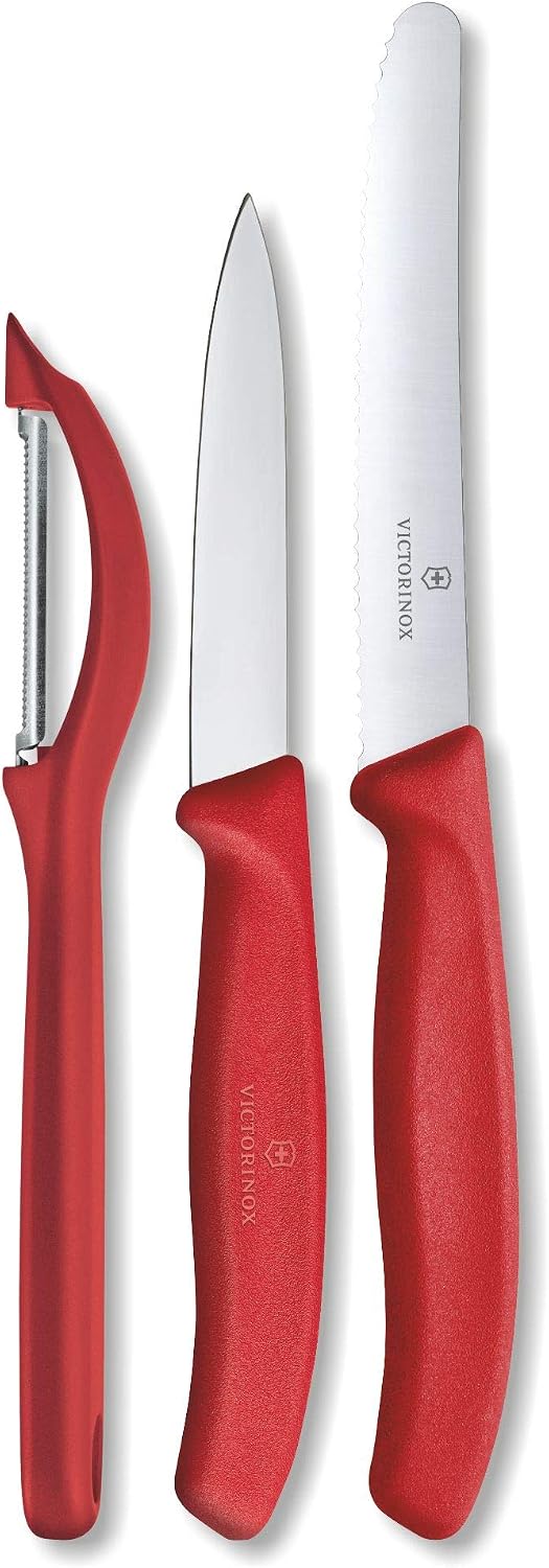 Victorinox Swiss Classic Paring Knife Set with Peeler - Includes a Straight Edge & Serrated Paring Knife, & Fruit & Vegetable Peeler - Red Handle, 3-Piece Set